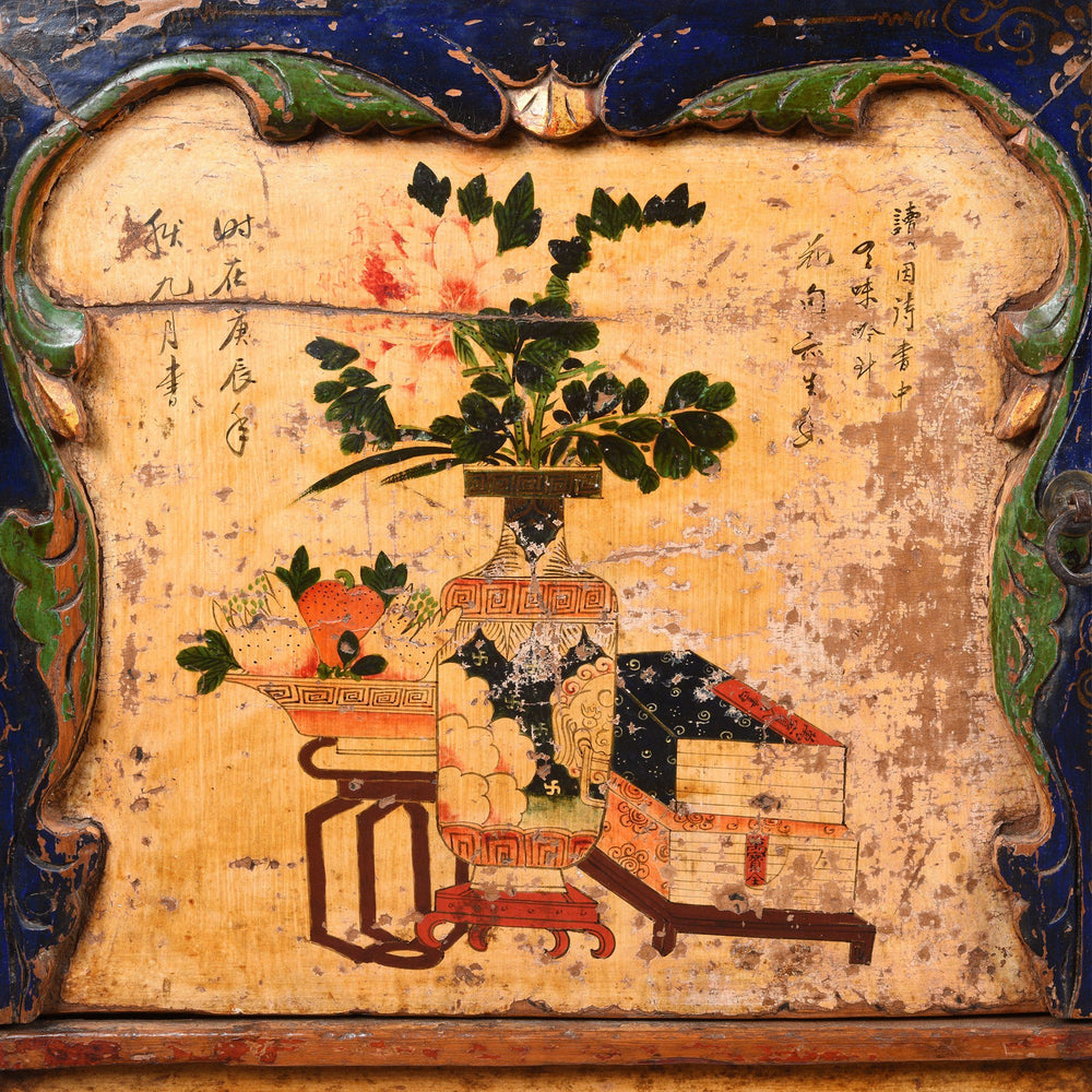 Painting Detail Of Red Lacquer Low "Kang" Cabinet, Mongolian - 19thC | Indigo Oriental Antiques