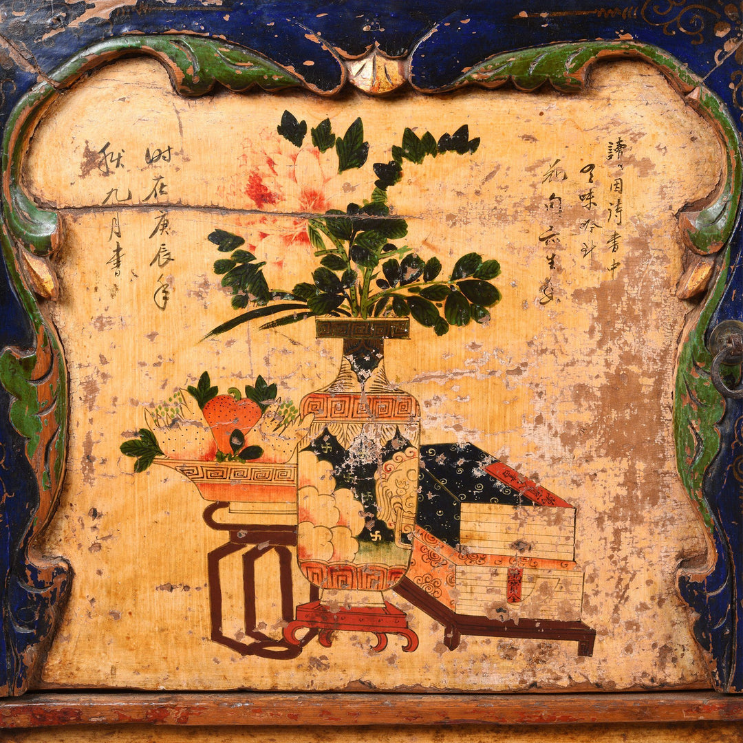 Painting Detail Of Red Lacquer Low "Kang" Cabinet, Mongolian - 19thC | Indigo Oriental Antiques