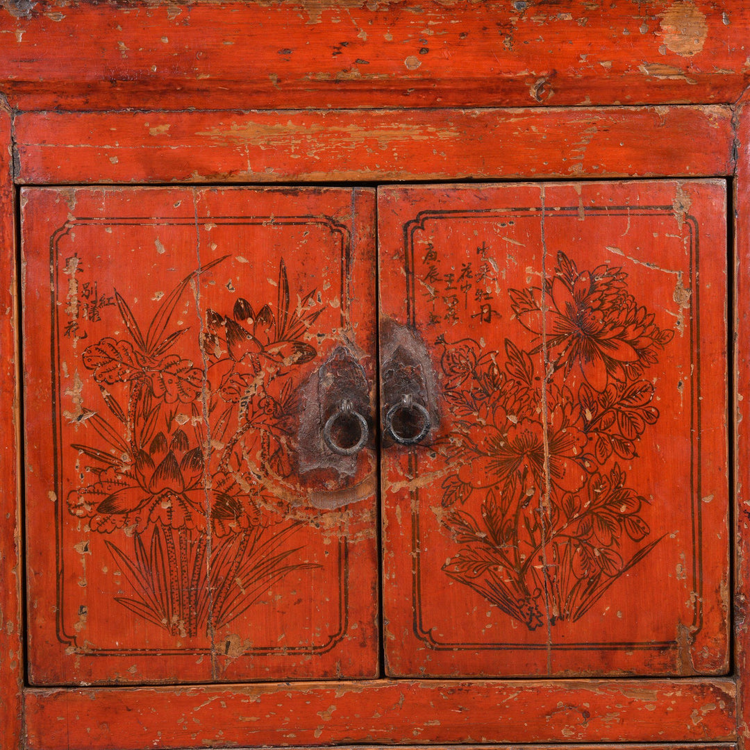 Painting Detail Of Red Lacquer Low "Kang" Cabinet, Mongolian - 19thC | Indigo Oriental Antiques