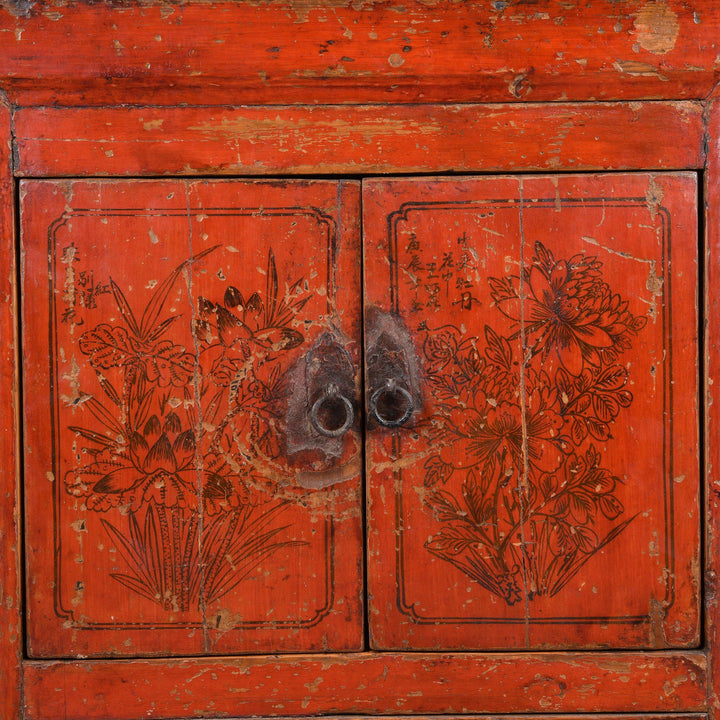 Painting Detail Of Red Lacquer Low "Kang" Cabinet, Mongolian - 19thC | Indigo Oriental Antiques