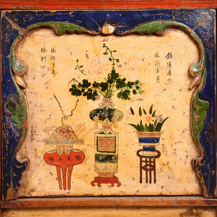 Painting Detail Of Red Lacquer Low "Kang" Cabinet, Mongolian - 19thC | Indigo Oriental Antiques