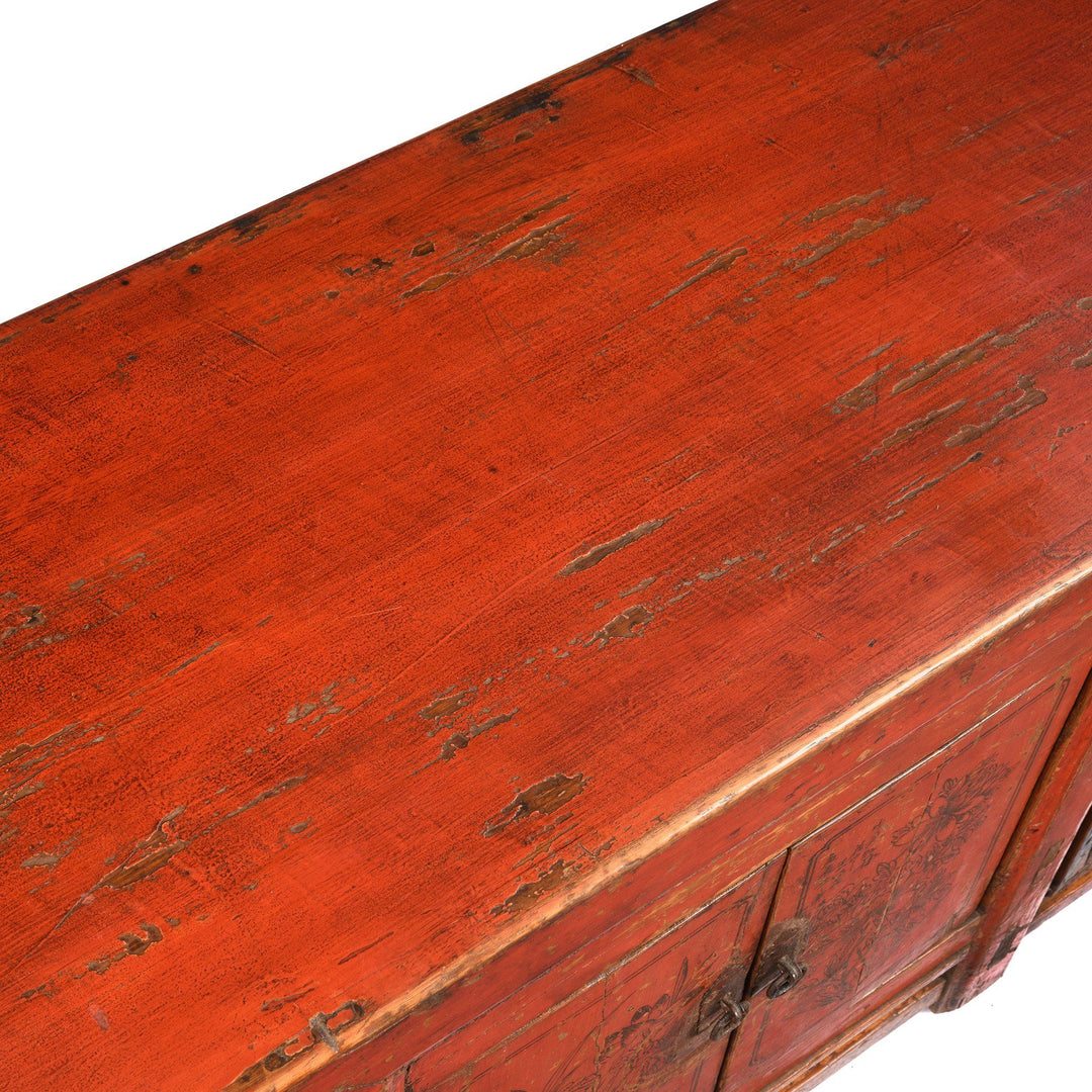 Top View Of Red Lacquer Low "Kang" Cabinet, Mongolian - 19thC | Indigo Oriental Antiques