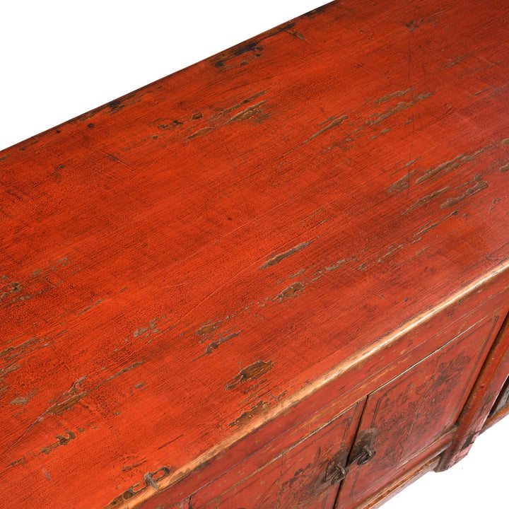 Top View Of Red Lacquer Low "Kang" Cabinet, Mongolian - 19thC | Indigo Oriental Antiques