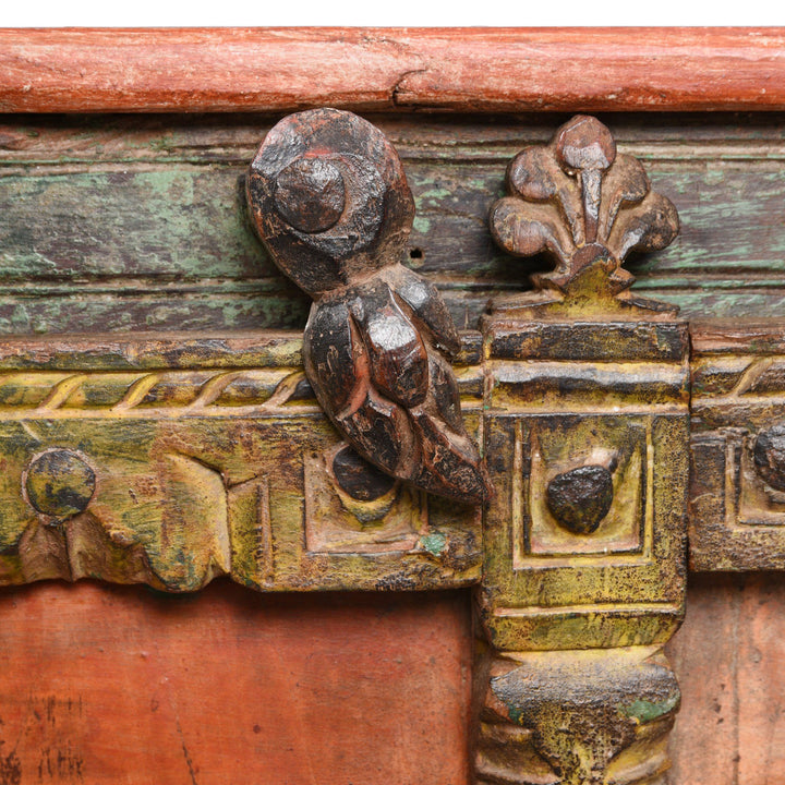 Lock Detail from an Antique Indian Red & Green Vermillion Painted Cabinet From Gujarat - 19thC | Indigo Antiques