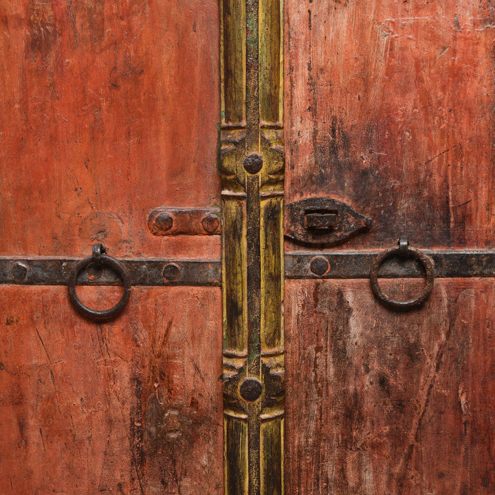 Lock Detail from an Antique Indian Red & Green Vermillion Painted Cabinet From Gujarat - 19thC | Indigo Antiques