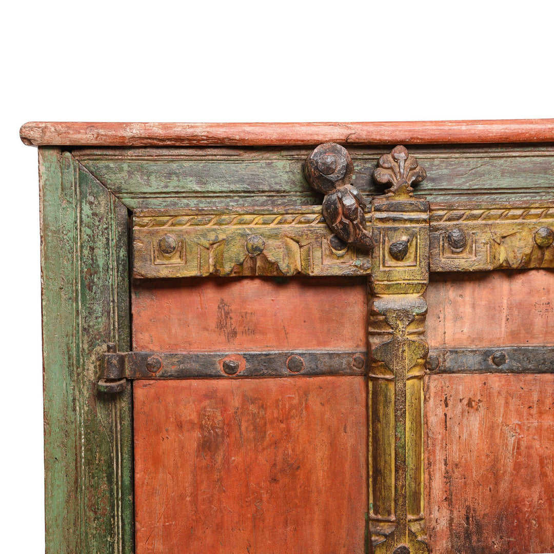 Corner Detail from an Antique Indian Red & Green Vermillion Painted Cabinet From Gujarat - 19thC | Indigo Antiques