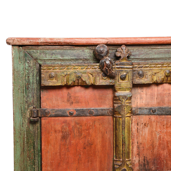Corner Detail from an Antique Indian Red & Green Vermillion Painted Cabinet From Gujarat - 19thC | Indigo Antiques
