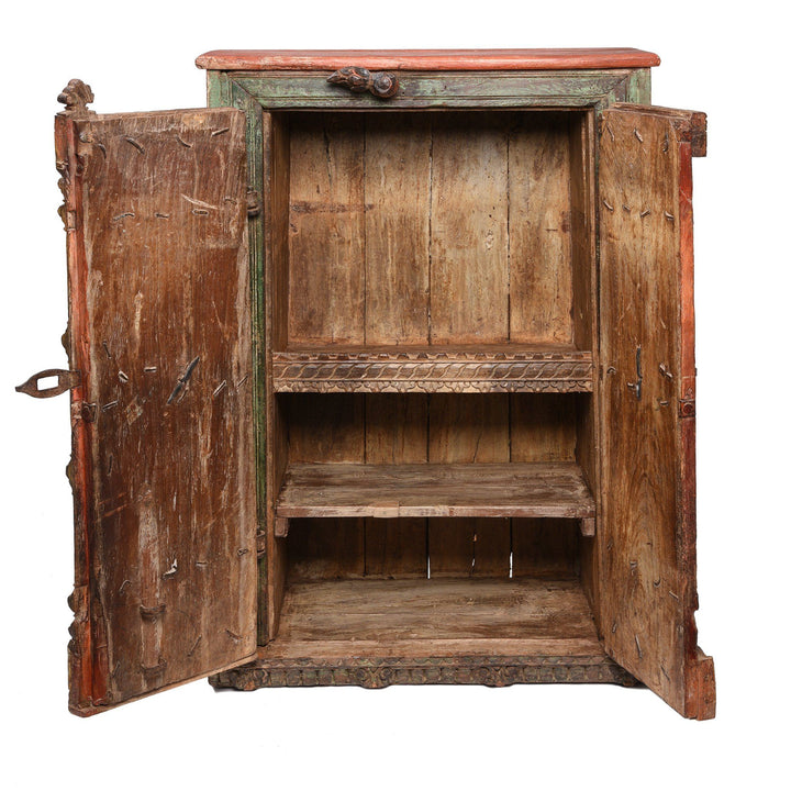 Open Detail from an Antique Indian Red & Green Vermillion Painted Cabinet From Gujarat - 19thC | Indigo Antiques