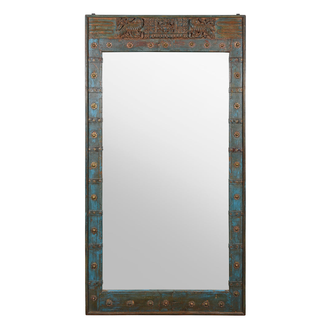 Blue Carved Mirror Made From Old Teak Door - Ca 1920 | Indigo Antiques