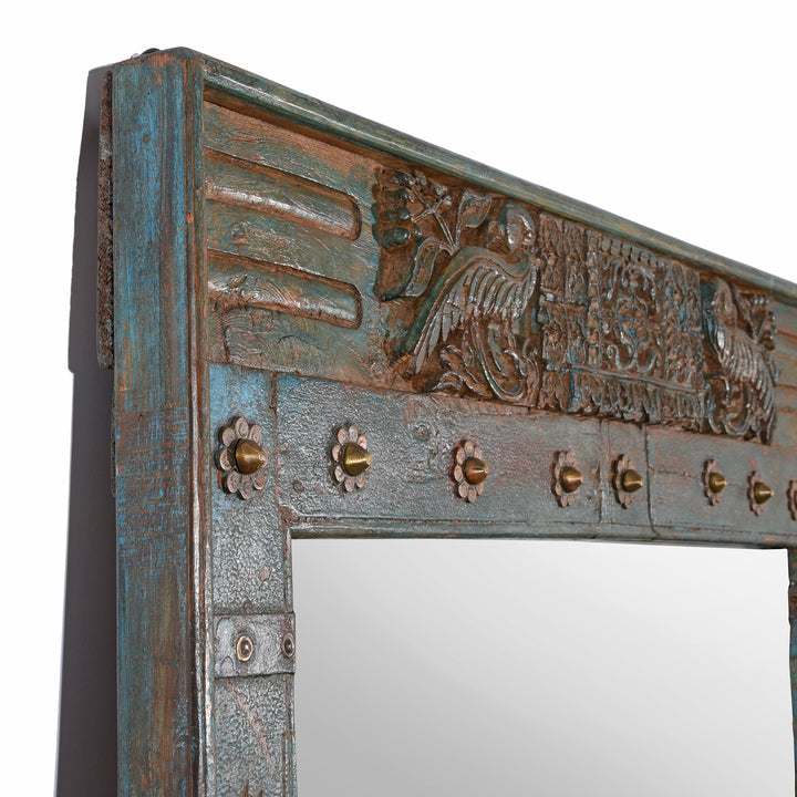 Blue Carved Mirror Made From Old Teak Door - Ca 1920 | Indigo Antiques