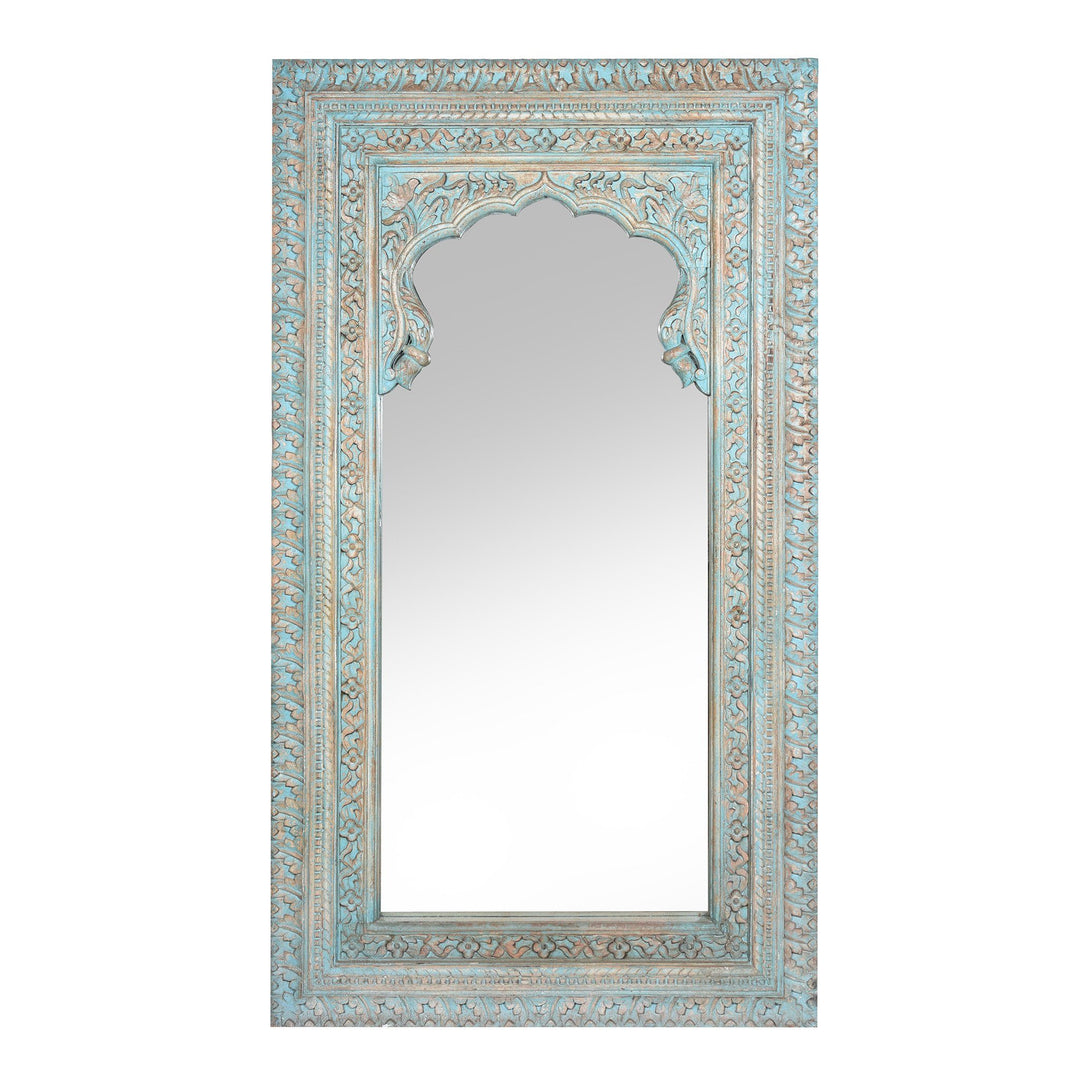 Carved Wood Mihrab Mirror Frame -  Blue Limed Finish | Indigo Oriental Antiques