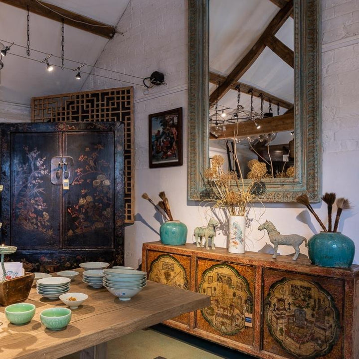 Carved Wood Mihrab Mirror Frame -  Blue Limed Finish | Indigo Oriental Antiques