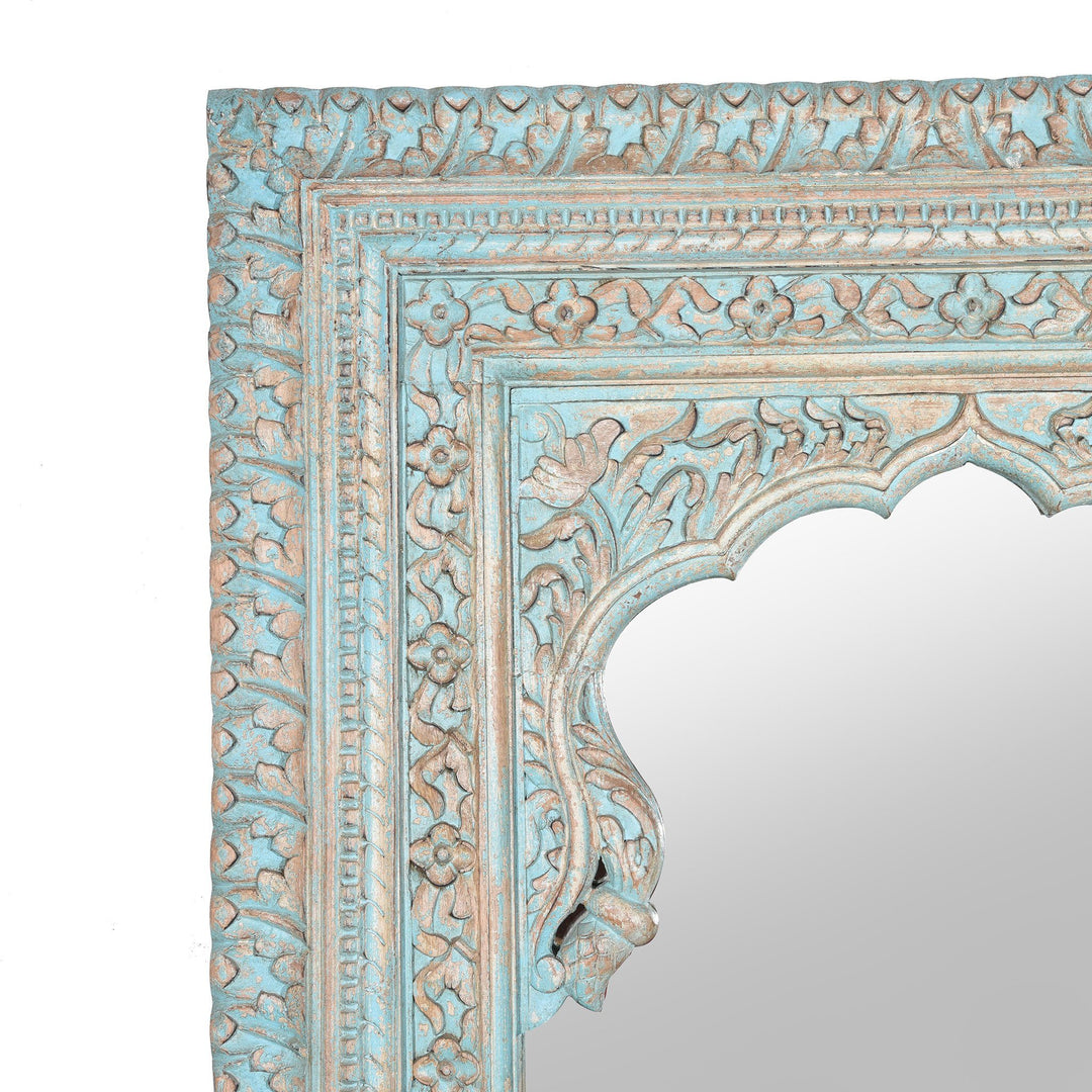 Carved Wood Mihrab Mirror Frame -  Blue Limed Finish | Indigo Oriental Antiques