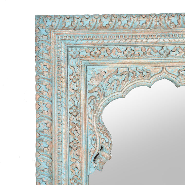 Carved Wood Mihrab Mirror Frame -  Blue Limed Finish | Indigo Oriental Antiques
