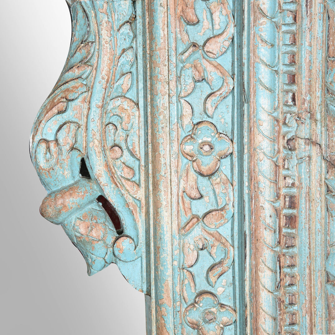 Carved Wood Mihrab Mirror Frame -  Blue Limed Finish | Indigo Oriental Antiques