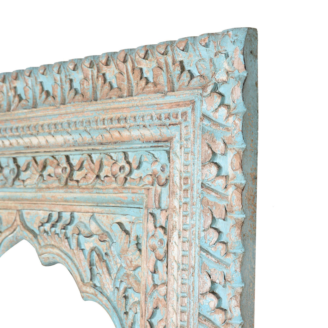 Carved Wood Mihrab Mirror Frame -  Blue Limed Finish | Indigo Oriental Antiques