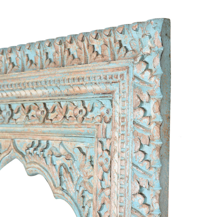 Carved Wood Mihrab Mirror Frame -  Blue Limed Finish | Indigo Oriental Antiques
