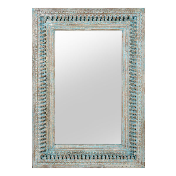 Carved Mango Wood Painted Mirror - Antique Blue