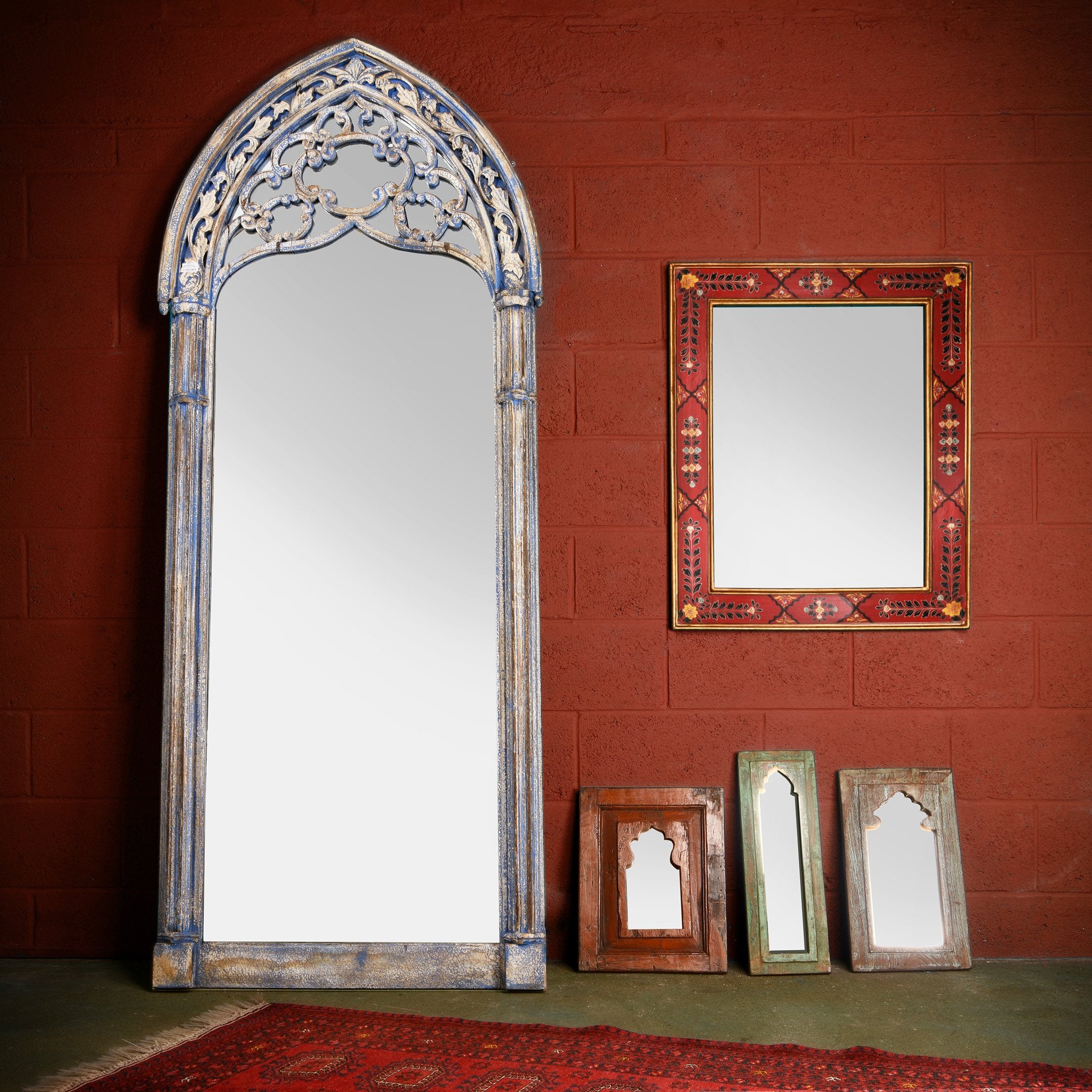 Gothic Style Full Length Floor Standing Mirror - Vintage Indian Blue | Indigo Oriental Antiques