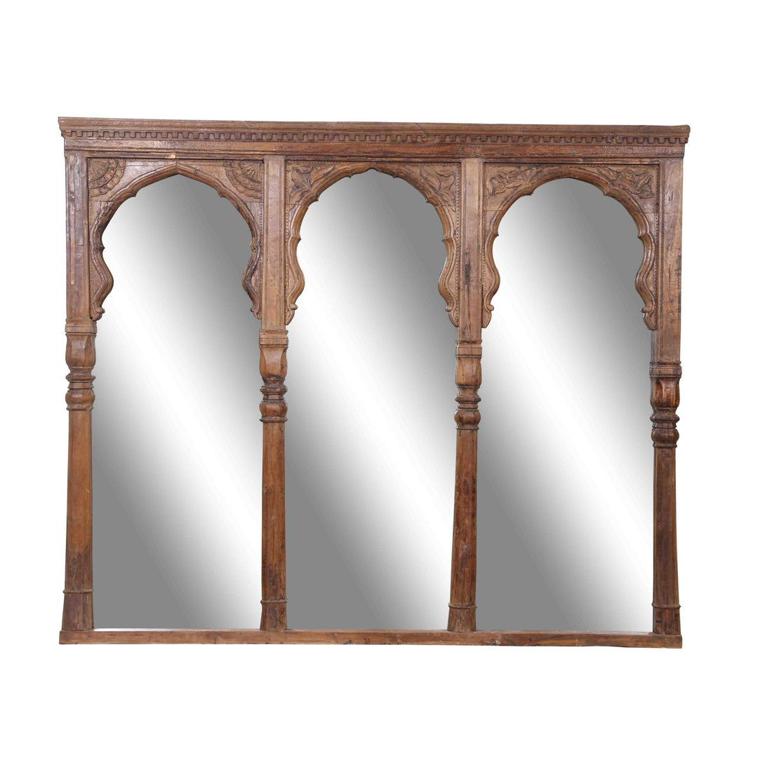 Carved Teak Triple Window Mirror - 19thC