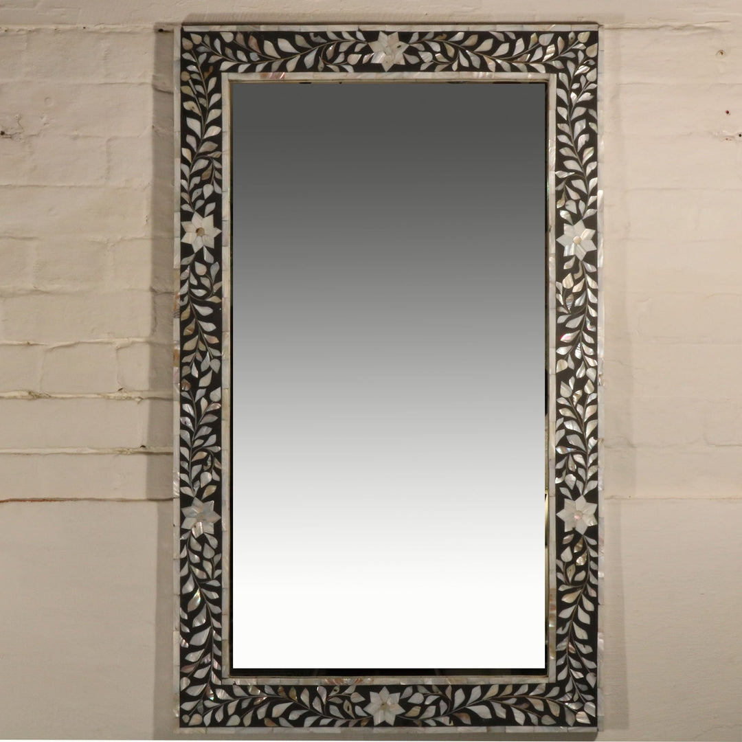 Mirror With Mughal Design Mother Of Pearl Inlay On Black | Indigo Oriental Antiques
