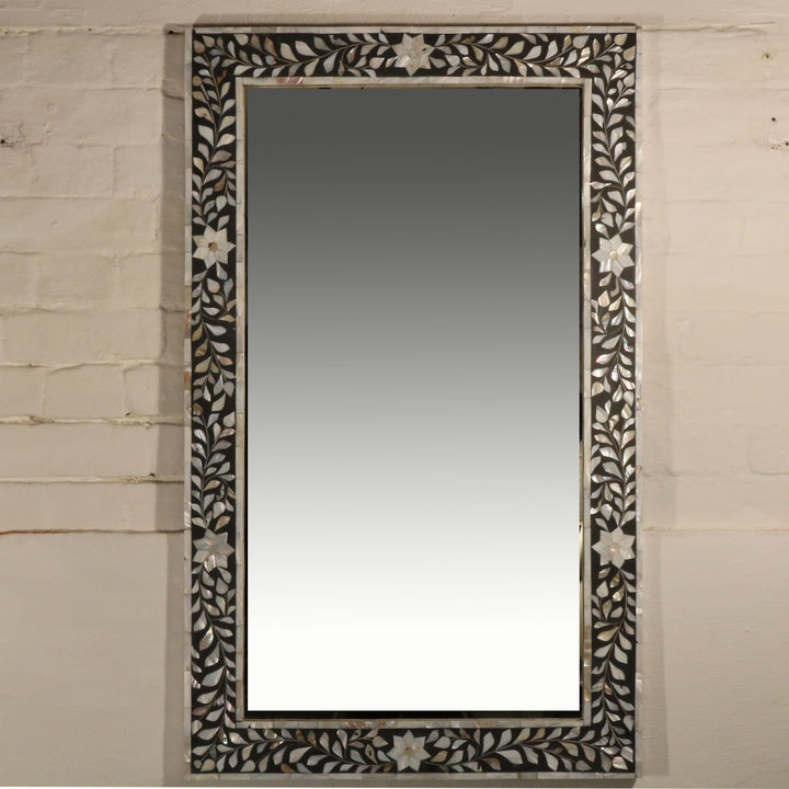 Mirror With Mughal Design Mother Of Pearl Inlay On Black | Indigo Oriental Antiques