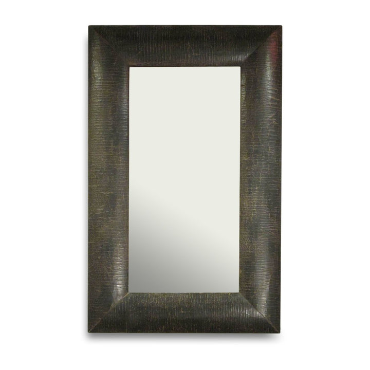 Reproduction Black Lacquer Crackle Leather Covered Mirror | Indigo Oriental Antiques