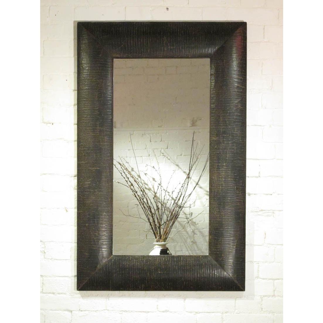 Reproduction Black Lacquer Crackle Leather Covered Mirror | Indigo Oriental Antiques