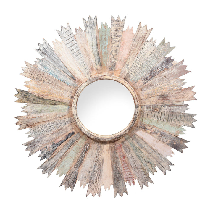Round Sun Mirror - Reclaimed Painted Teak From Rajasthan | Indigo Antiques