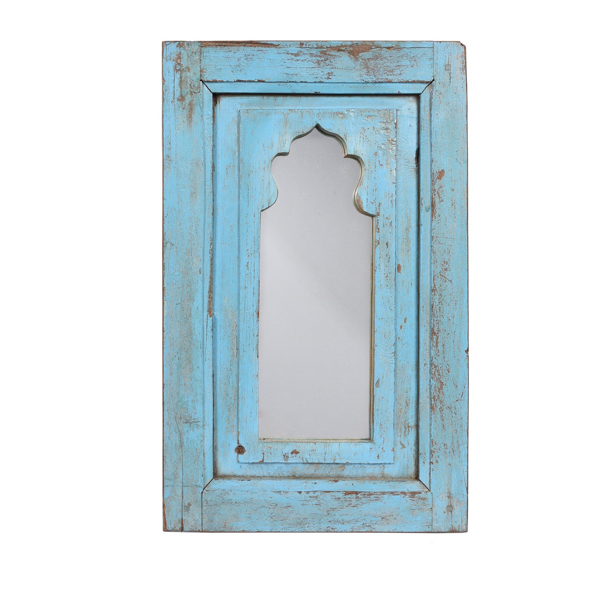 Small Vintage Blue Indian Mihrab Mirror Made From Old Teak Wood | Indigo Antiques