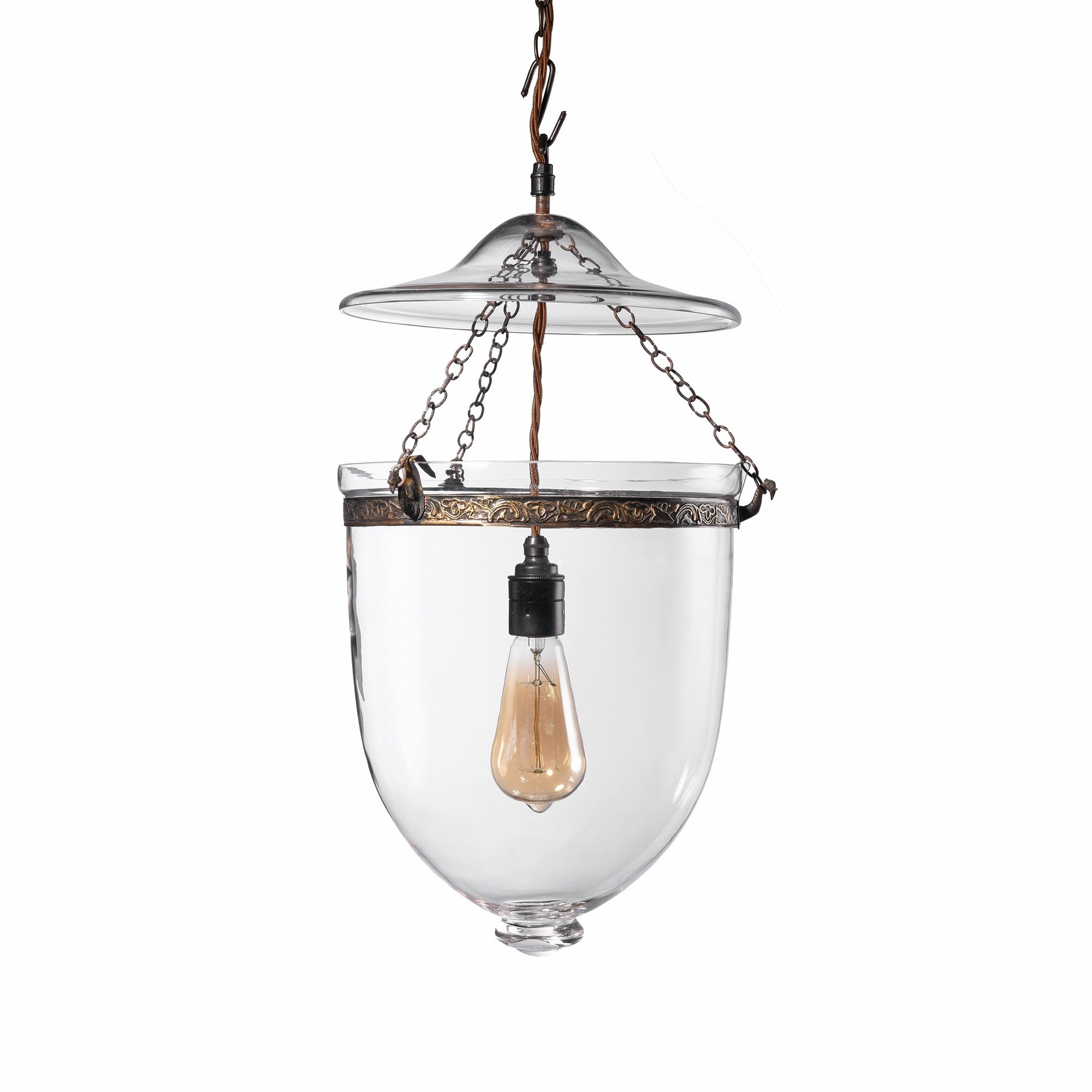 Indian Glass Bell Jar Hundi Hanging Pendant Lamp with Brass fitting & chain | Indigo Antiques