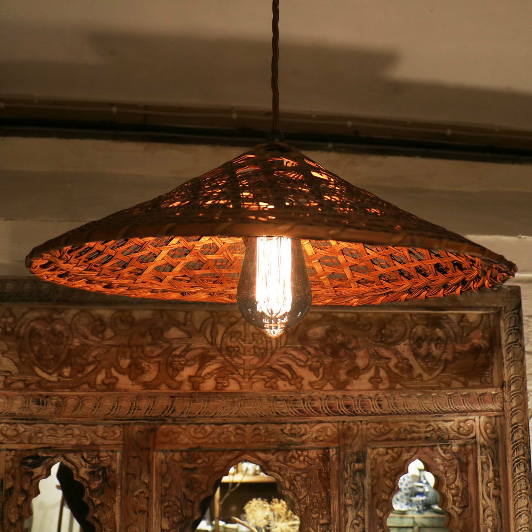 Vintage Split Cane Rice Paddy Hat - Wired as a lamp with Vintage bulb - 40cm diameter - approx - C1281