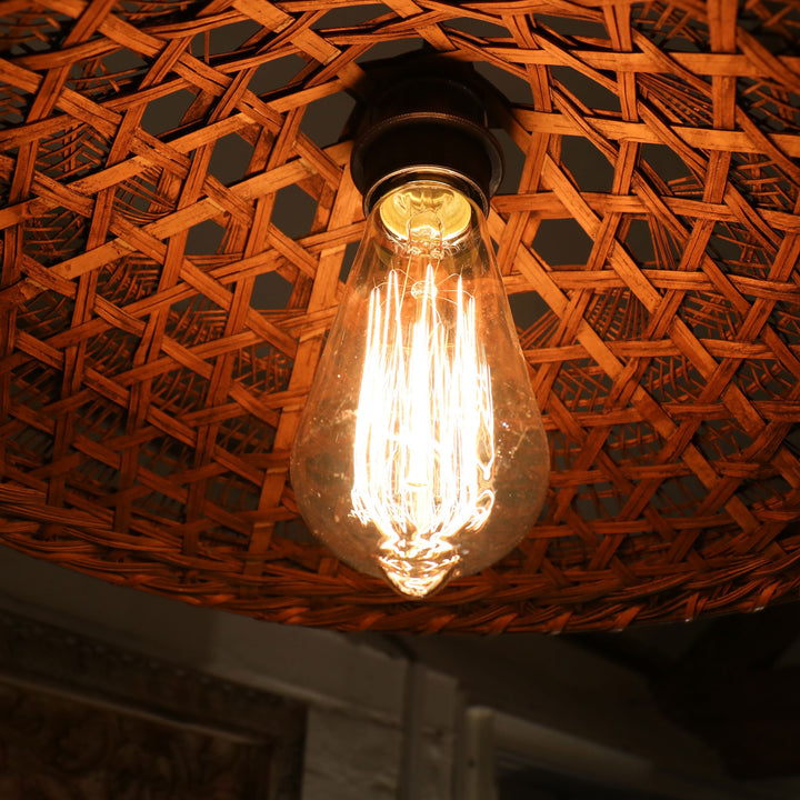 Vintage Split Cane Rice Paddy Hat - Wired as a lamp with Vintage bulb - 40cm diameter - approx - C1281