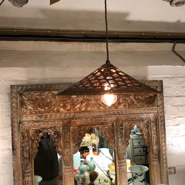 Vintage Split Cane Rice Paddy Hat - Wired as a lamp with Vintage bulb - 40cm diameter - approx - C1281