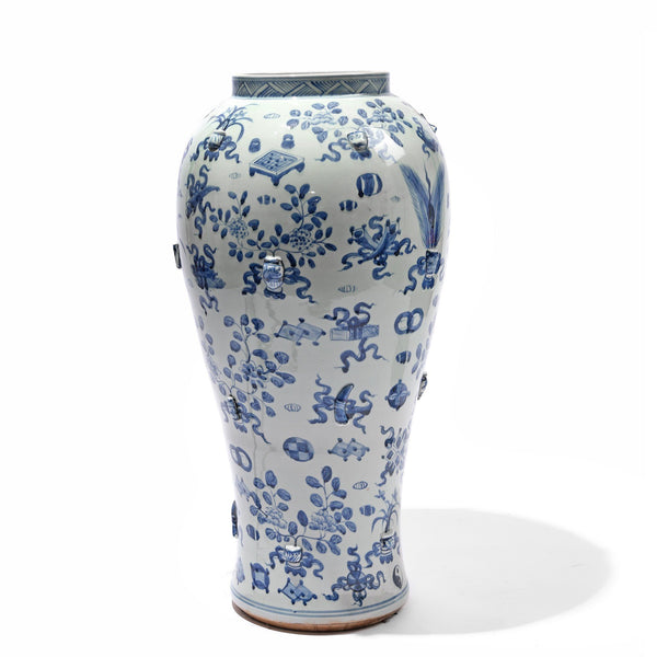 Blue & White Porcelain Tall Temple Jar & Cover