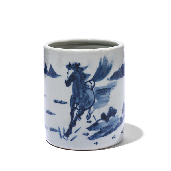 Blue & White Porcelain Calligraphy Brush Pot Horse Design