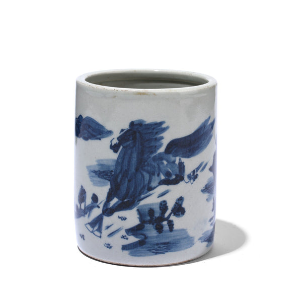Blue & White Porcelain Calligraphy Brush Pot Horse Design