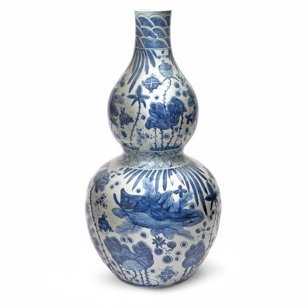 Blue & White Porcelain Double Gourd Jar - Fish Design