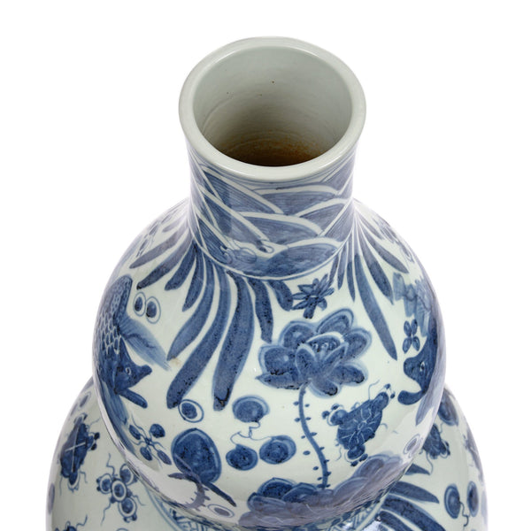 Blue & White Porcelain Double Gourd Jar - Fish Design