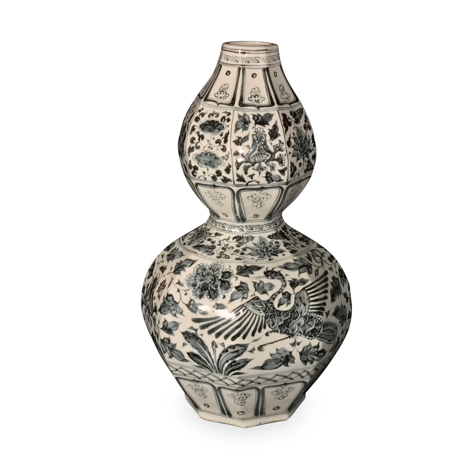 Blue & White Porcelain Double Gourd Vase - Phoenix Design - 24 x 24 x 52 (wxdxh cms) - C1169