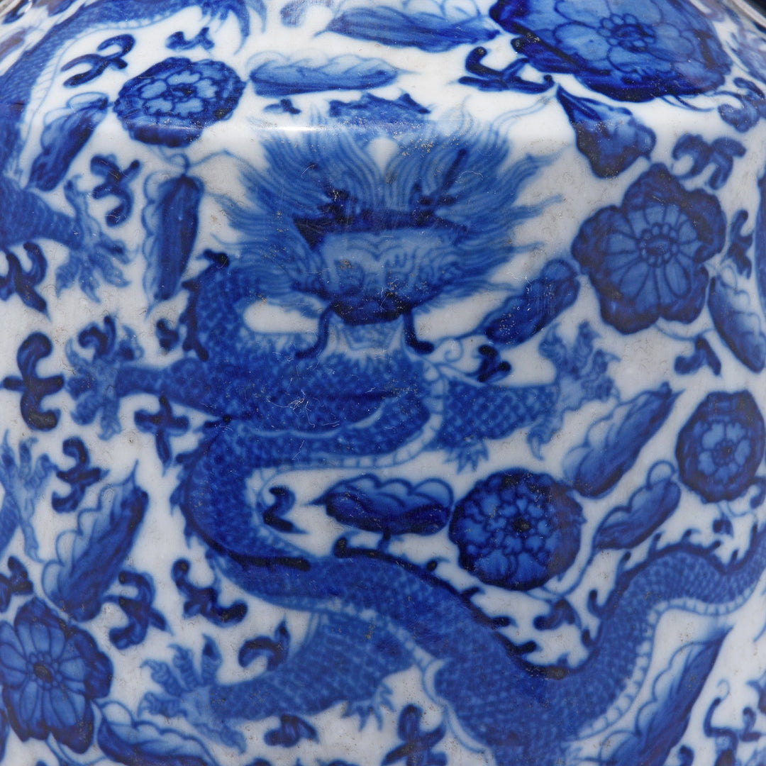 Dragon Detail from a Reproduction Chinese Blue & White Porcelain Fengweizun Vase - Dragon Design | Indigo Antiques