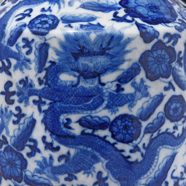 Dragon Detail from a Reproduction Chinese Blue & White Porcelain Fengweizun Vase - Dragon Design | Indigo Antiques