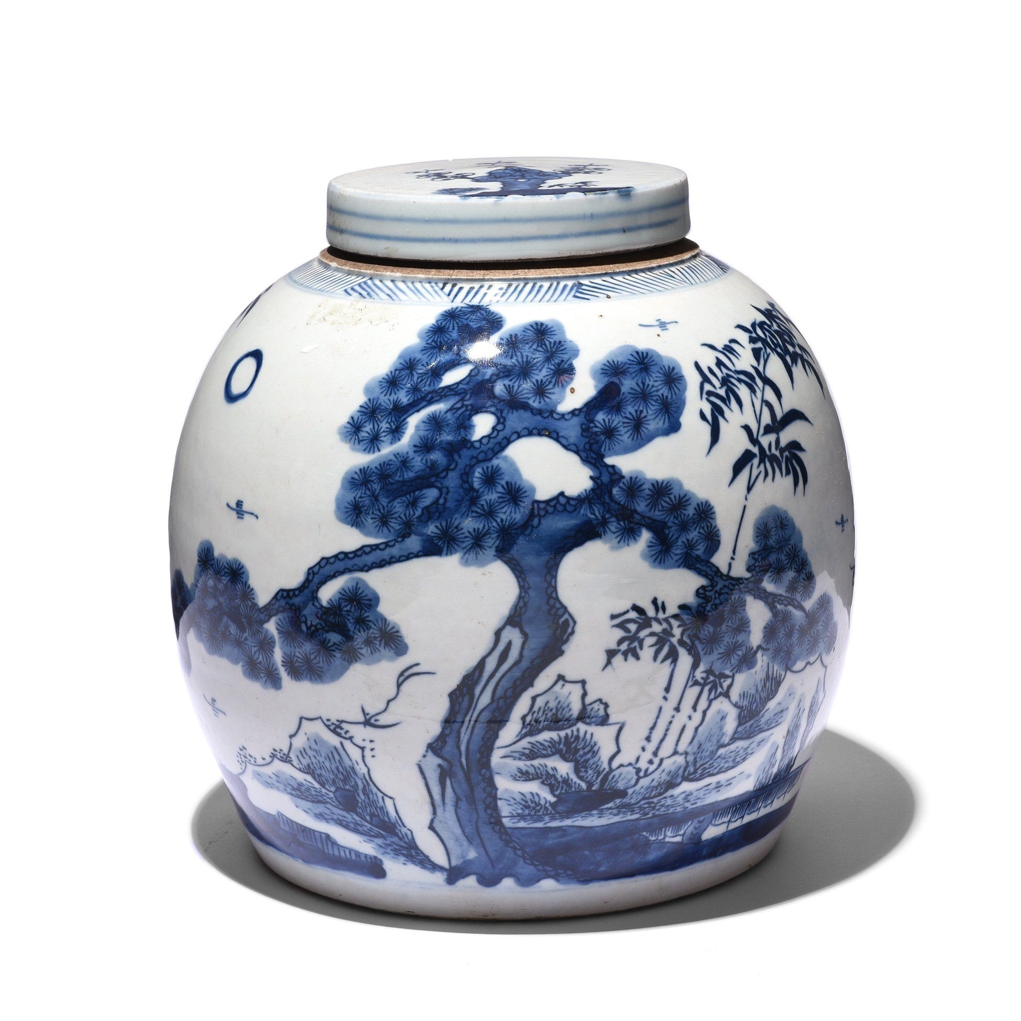 Blue & White Porcelain Ginger Jar - Bamboo & Prunus Design | Indigo Antiques