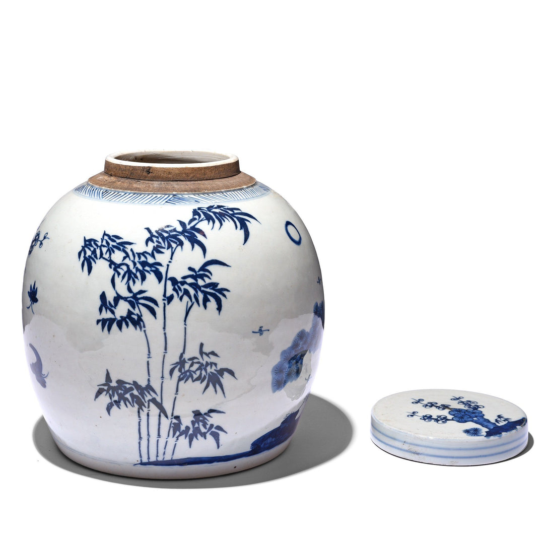 Reverse Of Blue & White Porcelain Ginger Jar - Bamboo & Prunus Design | Indigo Antiques