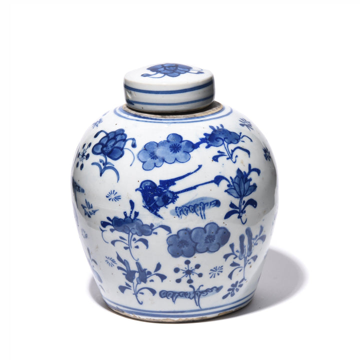 Blue & White Porcelain Ginger Jar - Birds & Flowers Design | Indigo Antiques