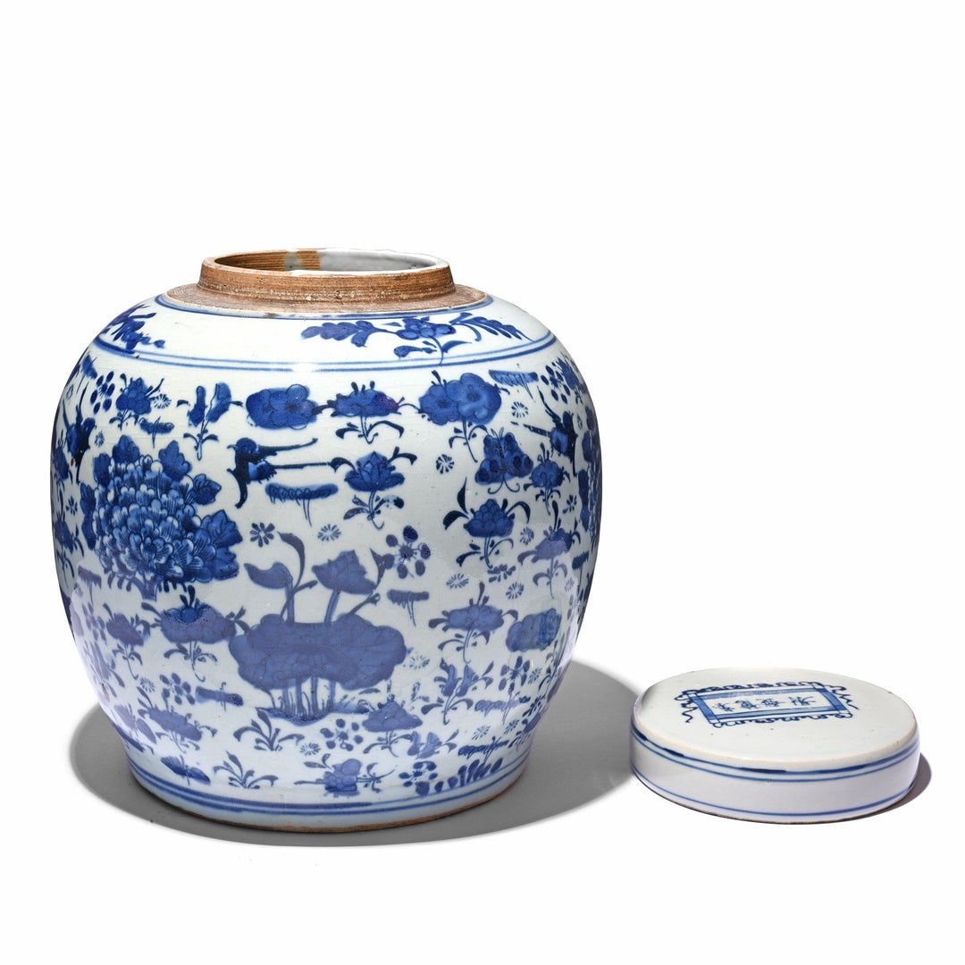 Blue & White Porcelain Ginger Jar - Chrysanthemum Design | Indigo Antiques