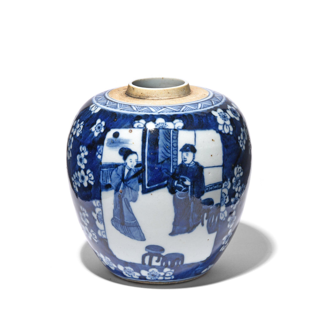 blue-&-white-porcelain-ginger-jar-couple-in-cherry-blossom | Indigo Antiques