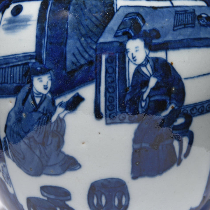 blue-&-white-porcelain-ginger-jar-couple-in-cherry-blossom | Indigo Antiques