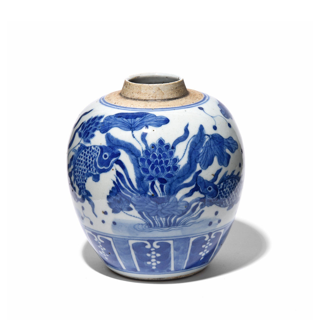Blue & White Porcelain Ginger Jar - Fish Design | Indigo Antiques