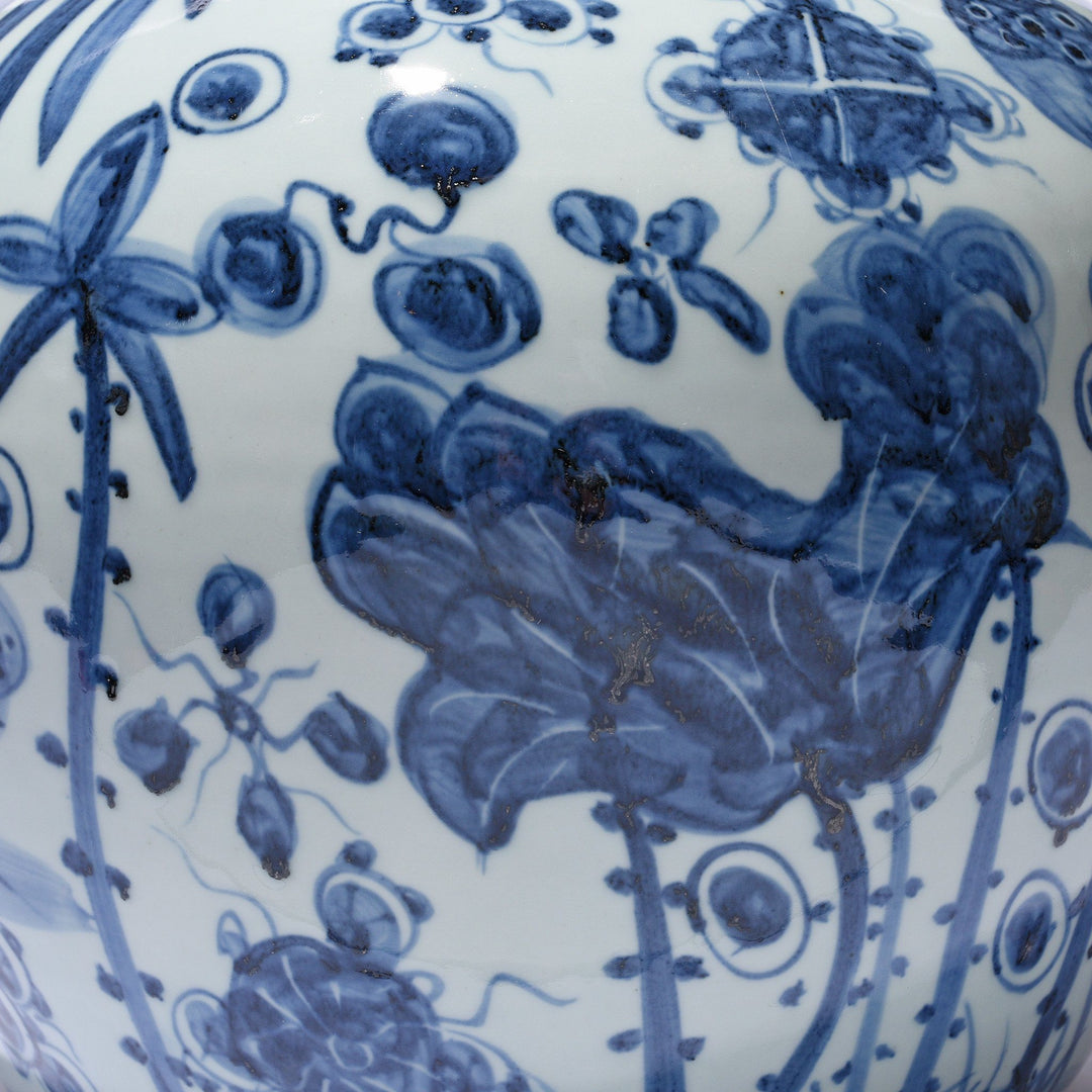 Reverse Jar Pattern Of Blue & White Porcelain Ginger Jar - Fish Design | Indigo Antiques